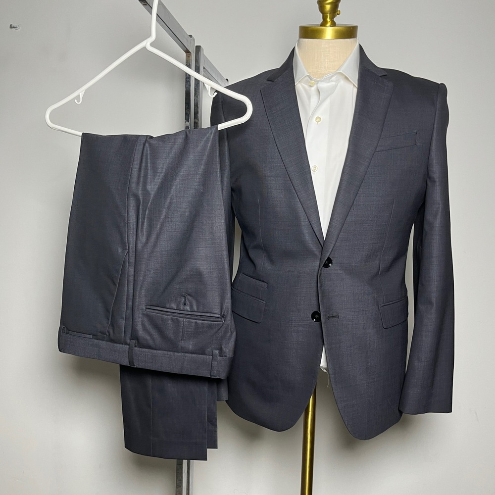 Express Photographer Suit Mens 40R 33x32 Charcoal Grey Solid Fitted 2-Piece